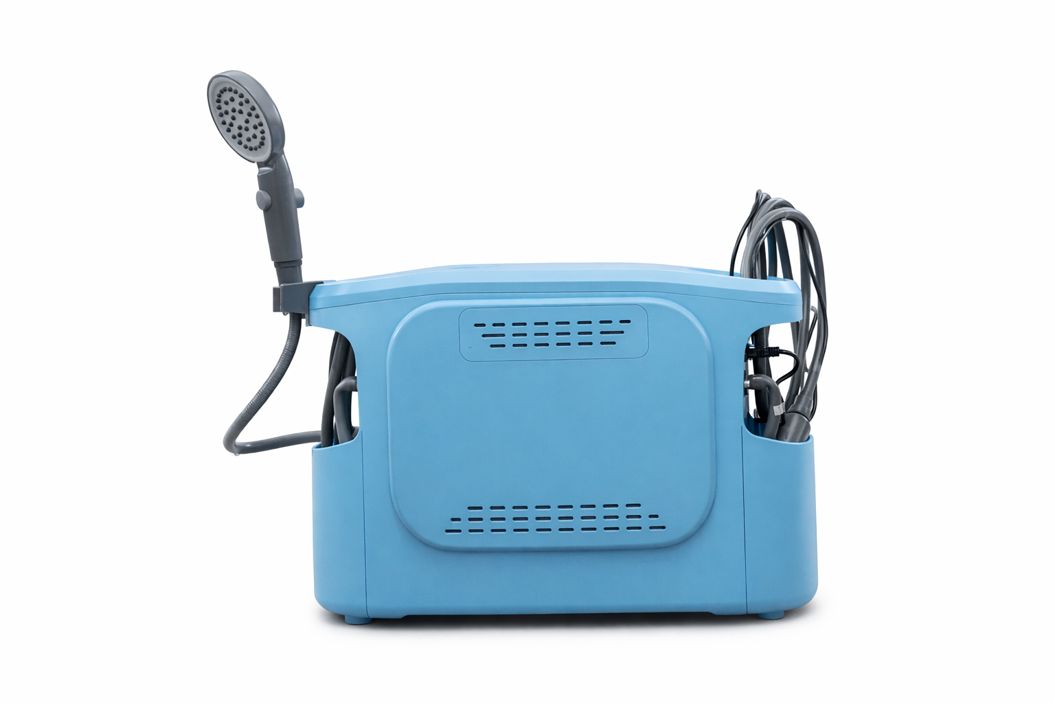 Blue portable shower with hose on a white background