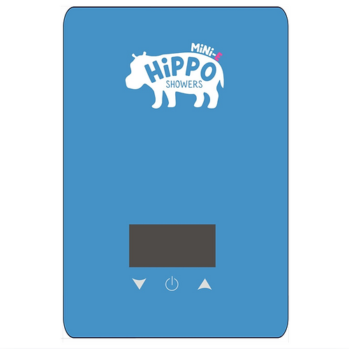 Blue device with Hippo Showers logo on a white background