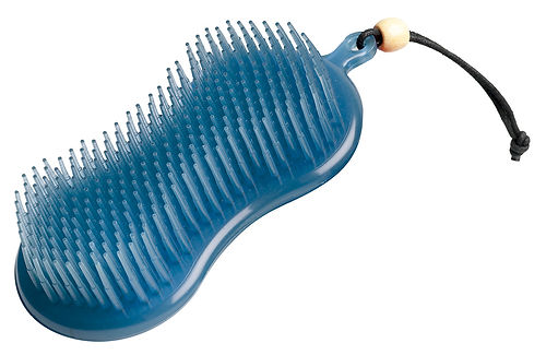 Blue grooming brush with a black handle on a white background