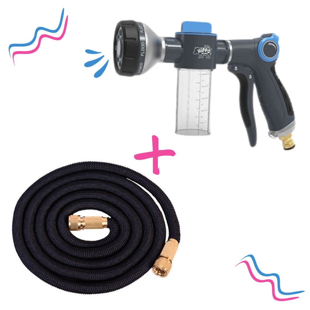 Garden hose and spray gun set on a white background