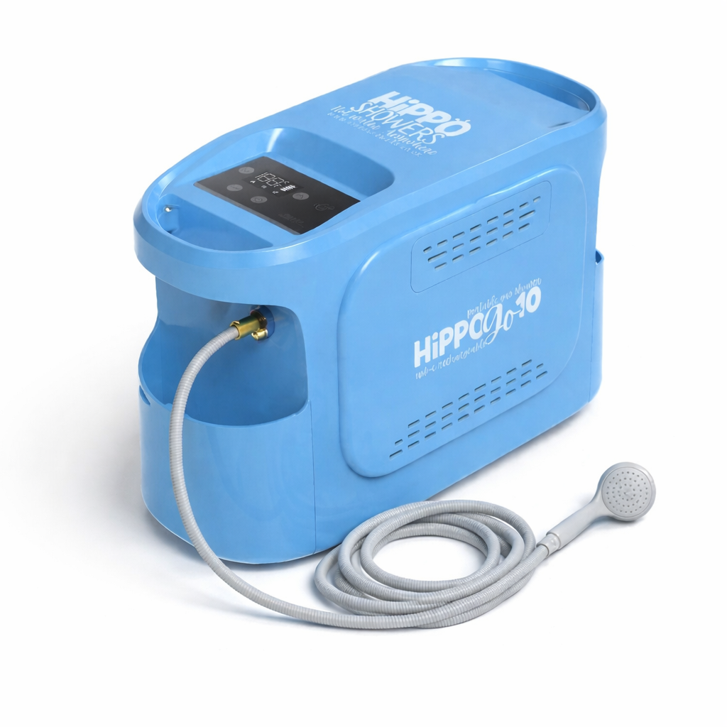 Blue Hippo Inflator with hose on a white background