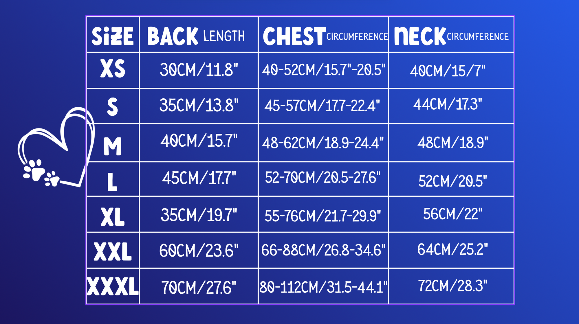 Measurement chart for clothing sizes on a blue background