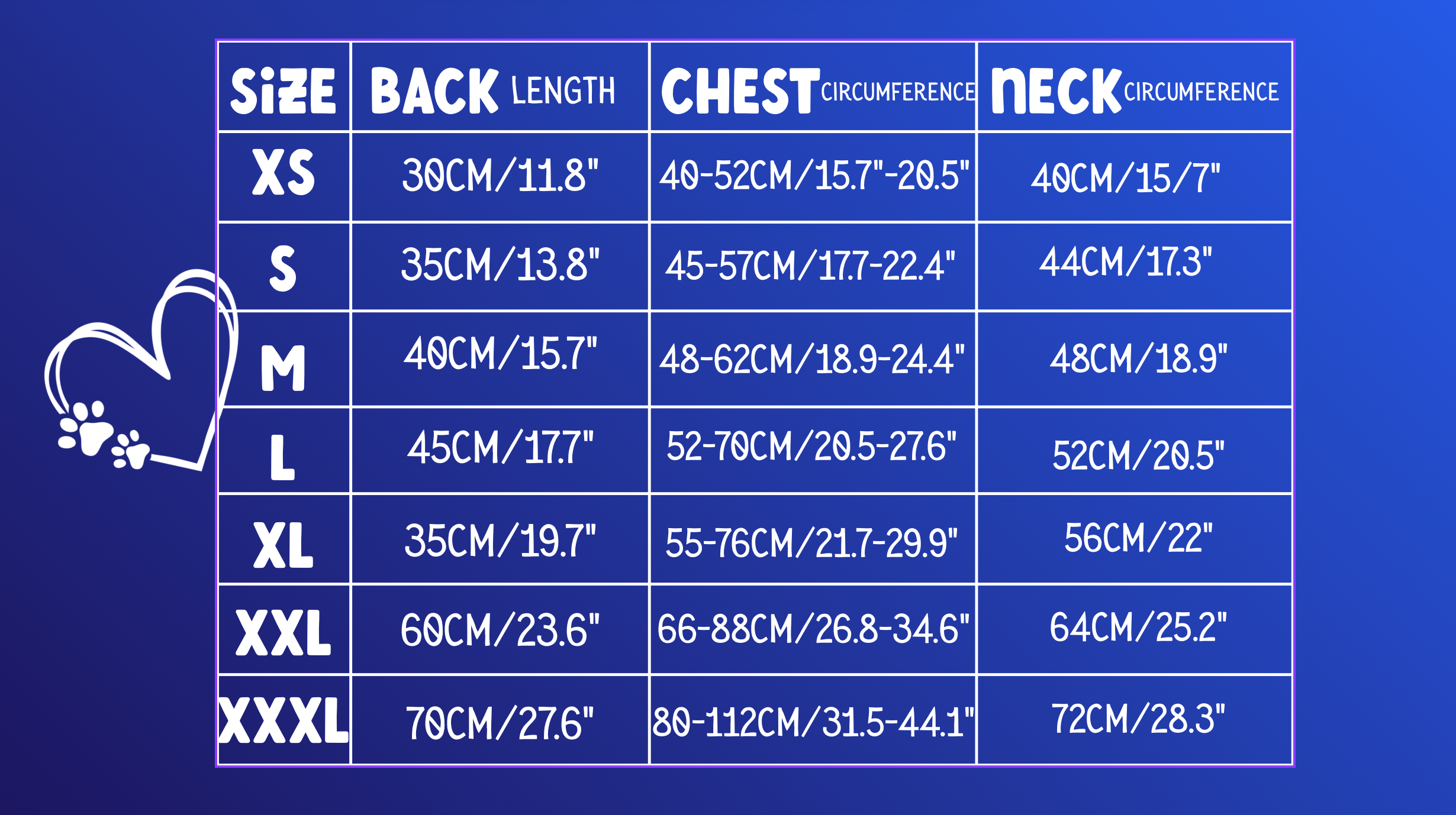 Measurement chart for clothing sizes on a blue background