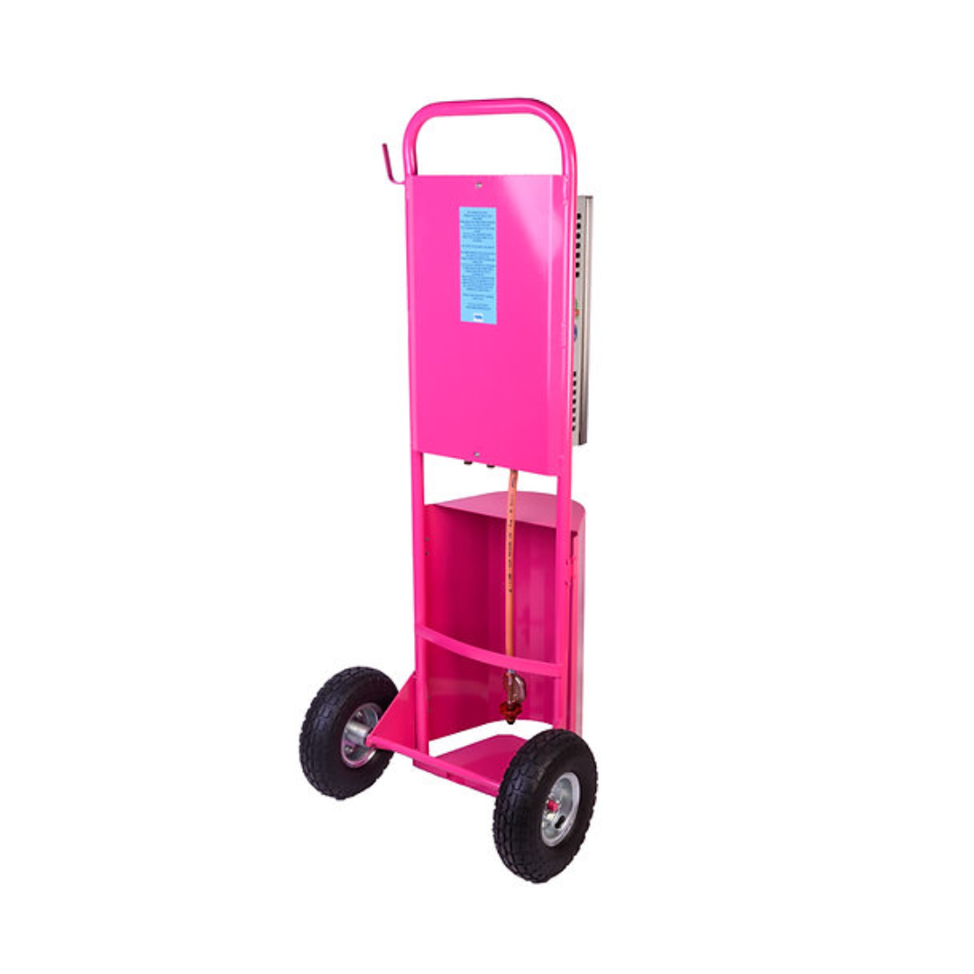 Pink metal cart with wheels on a white background