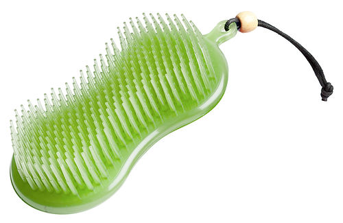 Green pet grooming brush with a black handle on a white background