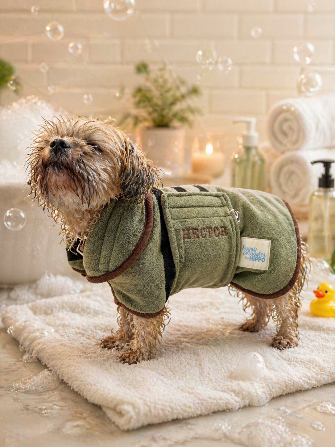 Dog wearing a green robe with 'Hector' on it, standing on a fluffy white rug with bubbles in the background.