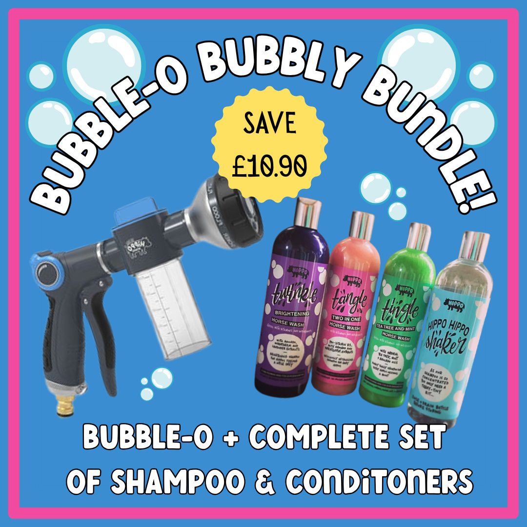 Promotional image of a bubble-making bundle with a hose, bottles of shampoo and conditioners, and text on a blue background.