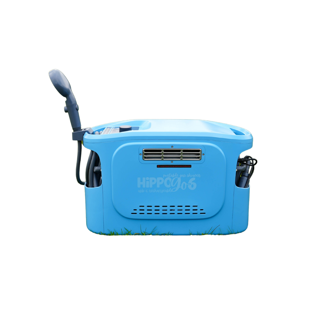 Blue portable shower with 'Hippo' branding on a white background