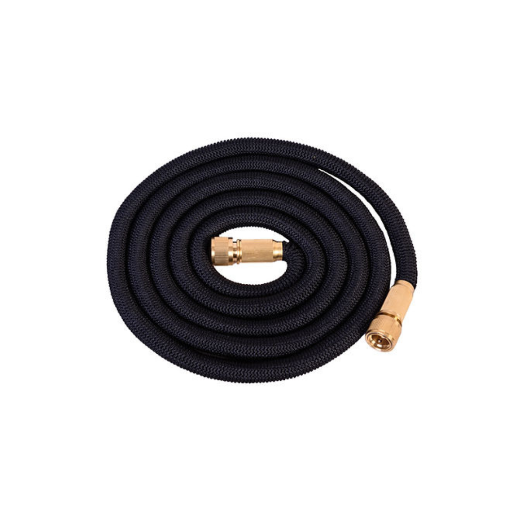 Black garden hose with brass connectors on a white background