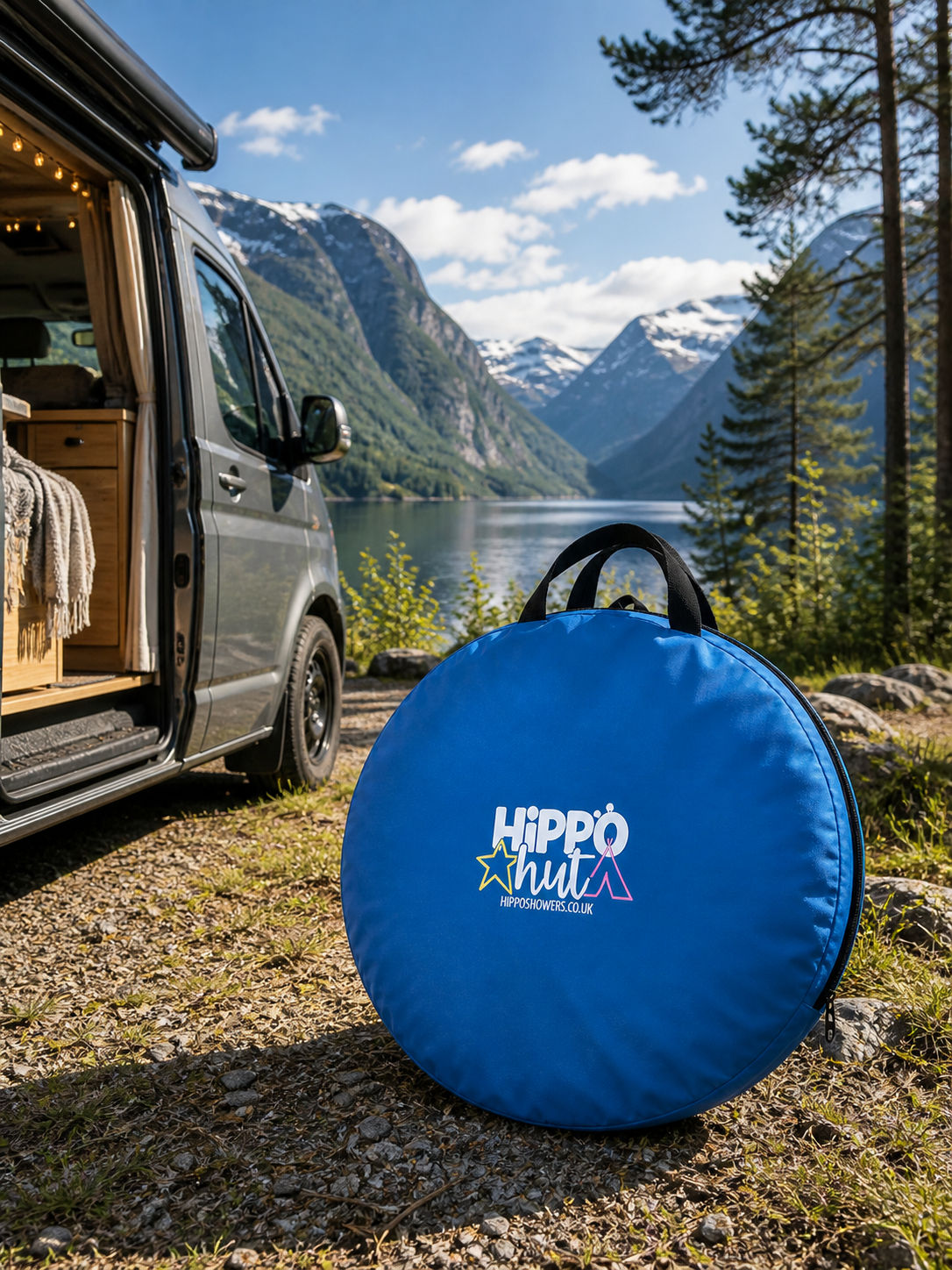 Blue Hippo Hut bag cover in front of a scenic van with mountains and lake.