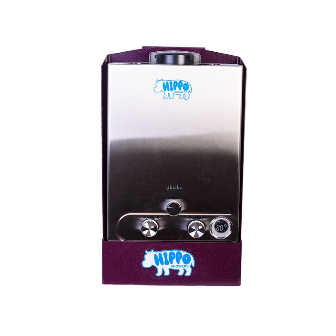 Stainless steel water heater with purple base and Hippo logo on a white background