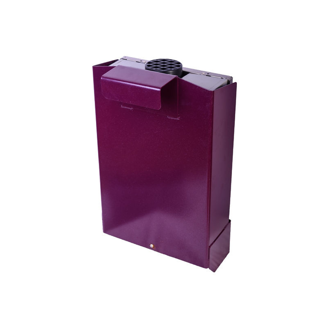 Purple metal box with a cylindrical component on a white background
