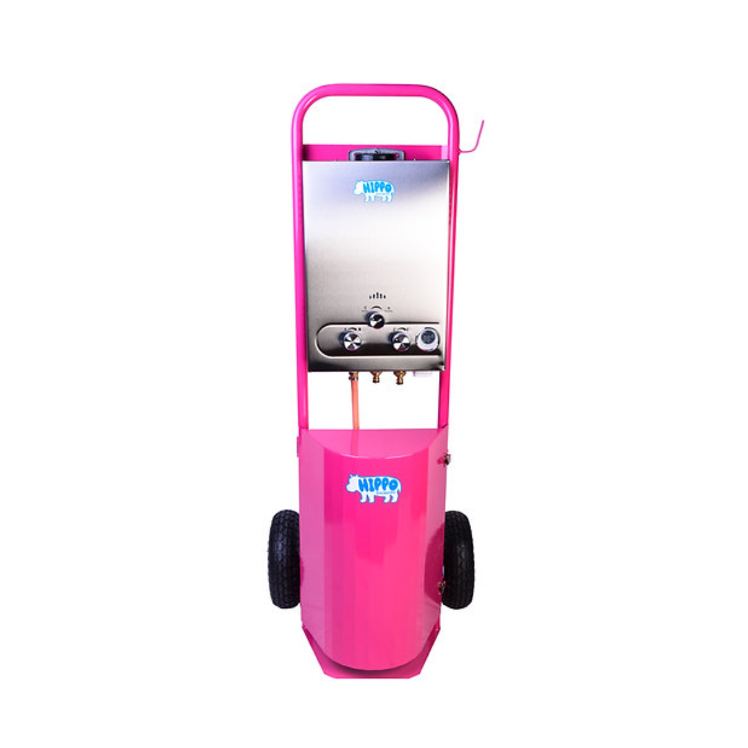 Pink cleaning machine with wheels on a white background