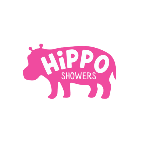 Logo of Hippo Showers with a pink hippo silhouette on a white background