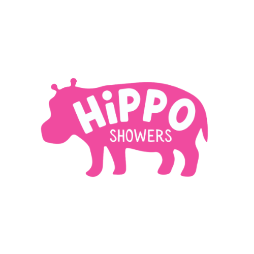 Logo of Hippo Showers with a pink hippo silhouette on a white background
