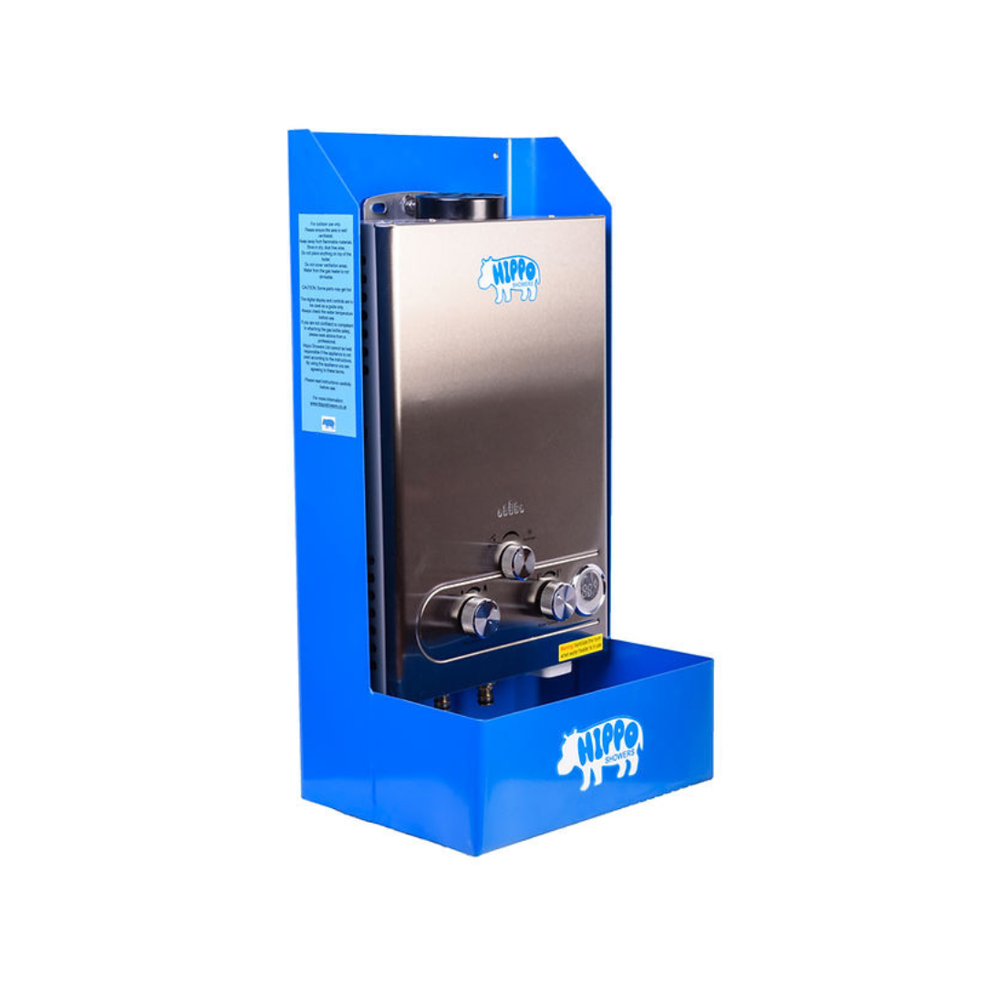 Blue hippo wall mounted shower, featuring the Hippo logo.