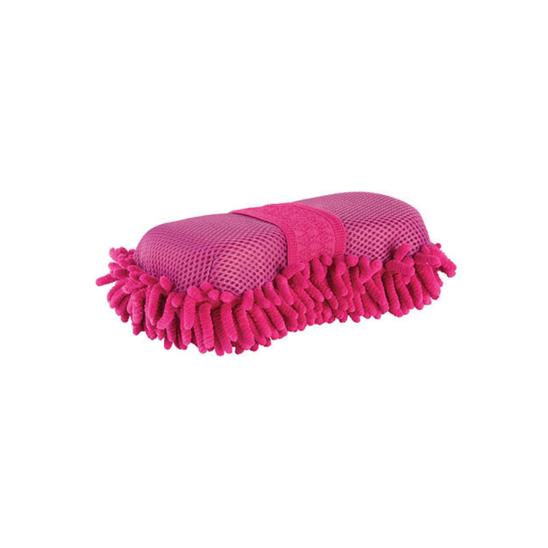 Pink microfiber cleaning brush on a white background