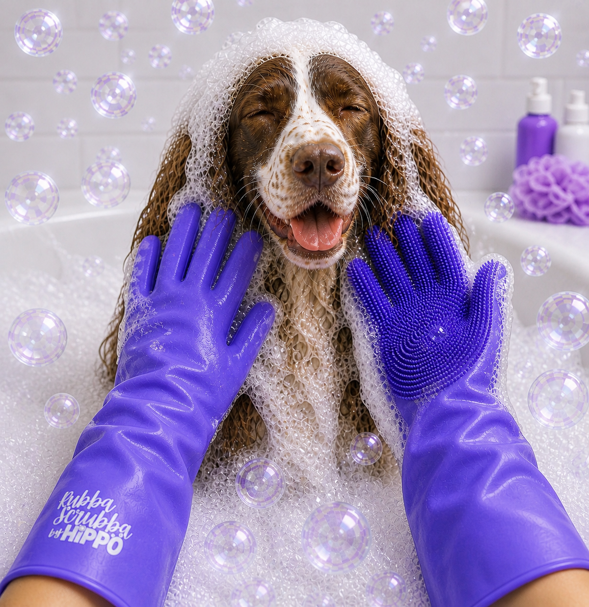 Dog being bathed with soapy water and wearing purple gloves with scrubbing pads, surrounded by bubbles.