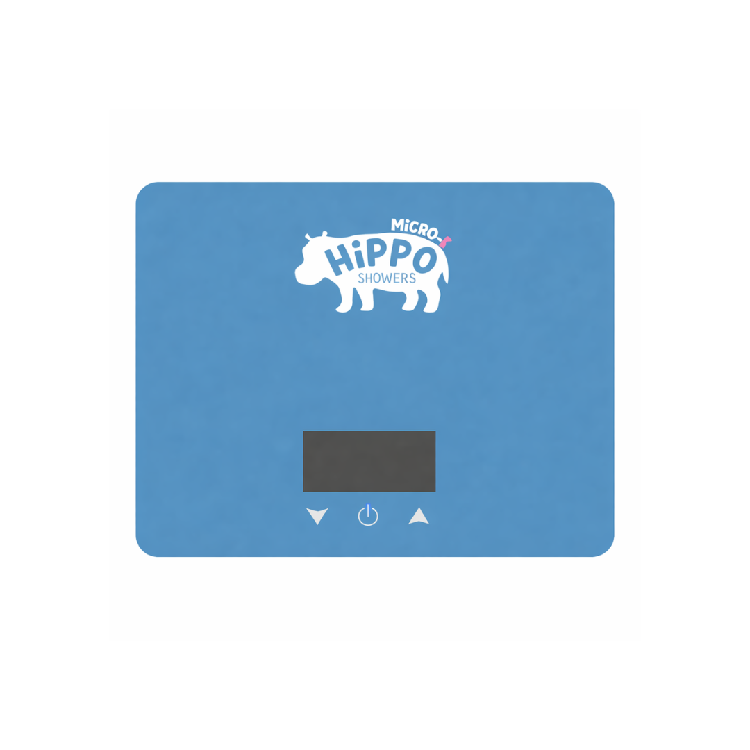 Blue control panel with Hippo Showers logo on a white background