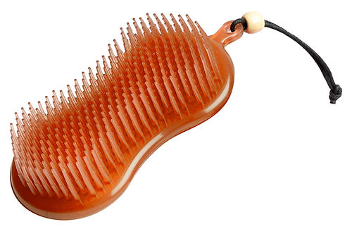 Orange hairbrush with a black string on a white background