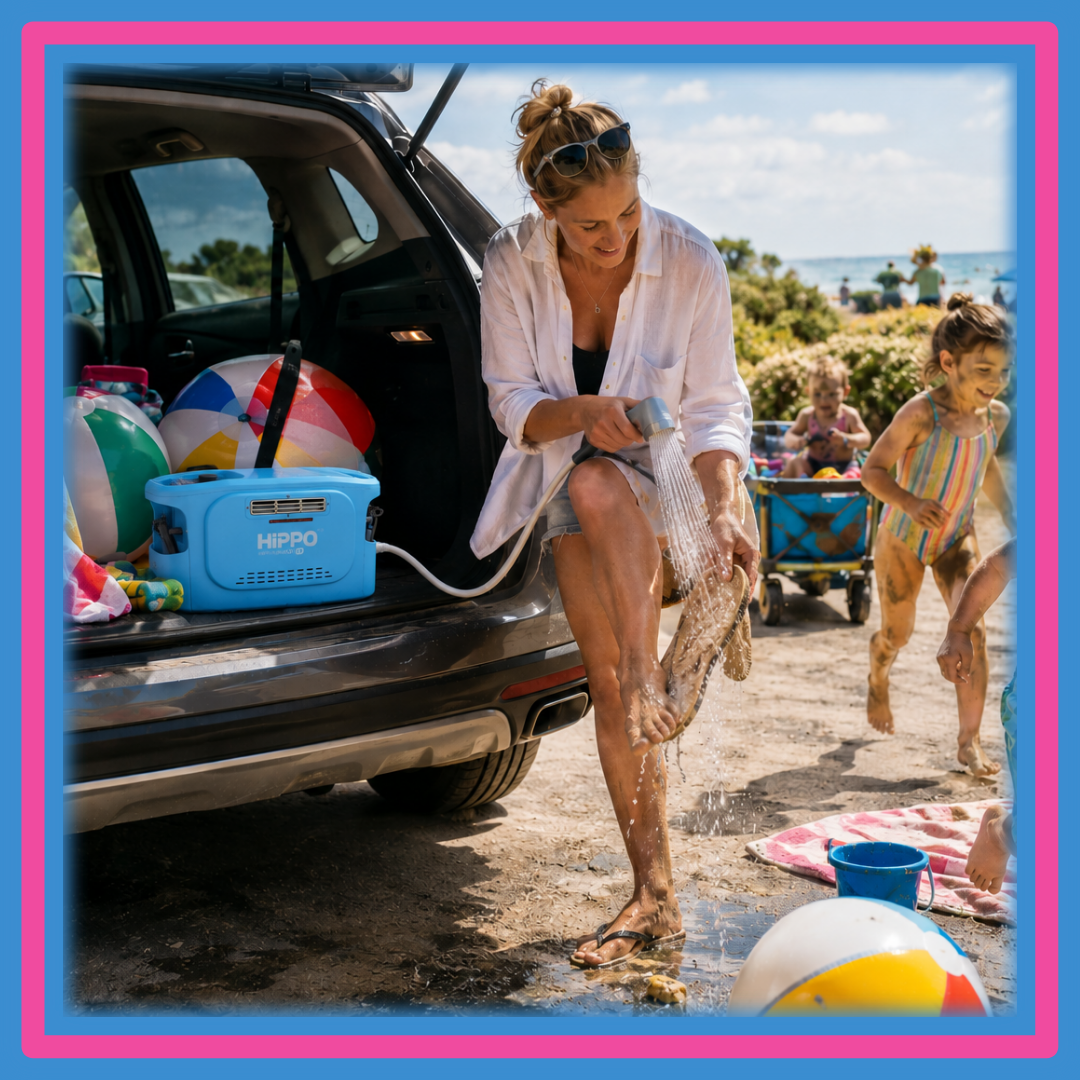 A woman stands barefoot at the back of a black SUV with the trunk open, washing her legs under running water. A blue Hippo portable water filter sits in the trunk.