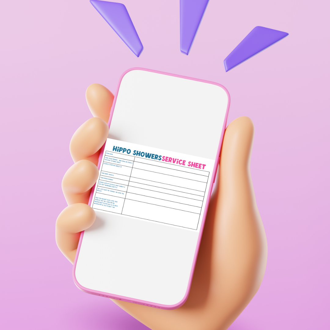 Hand holding a phone with a 'Hippo Showers Service Sheet' on a pink background