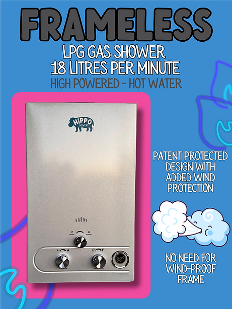Advertisement for a frameless LPG gas shower with Hippo branding on a blue background.