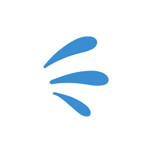 Blue logo with three curved lines on a white background