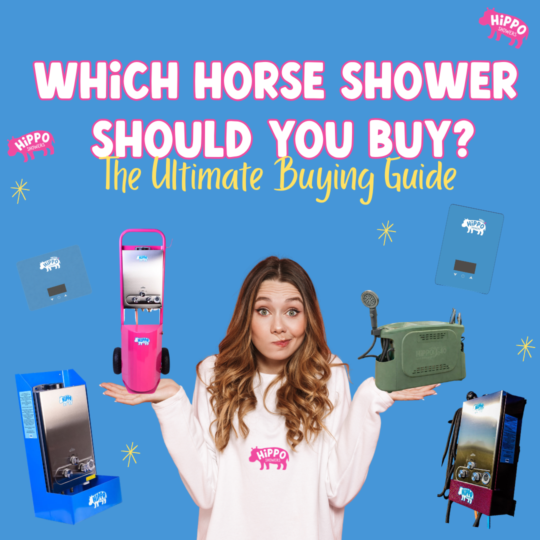 Woman holding a pink horse shower with text about buying guides on a blue background
