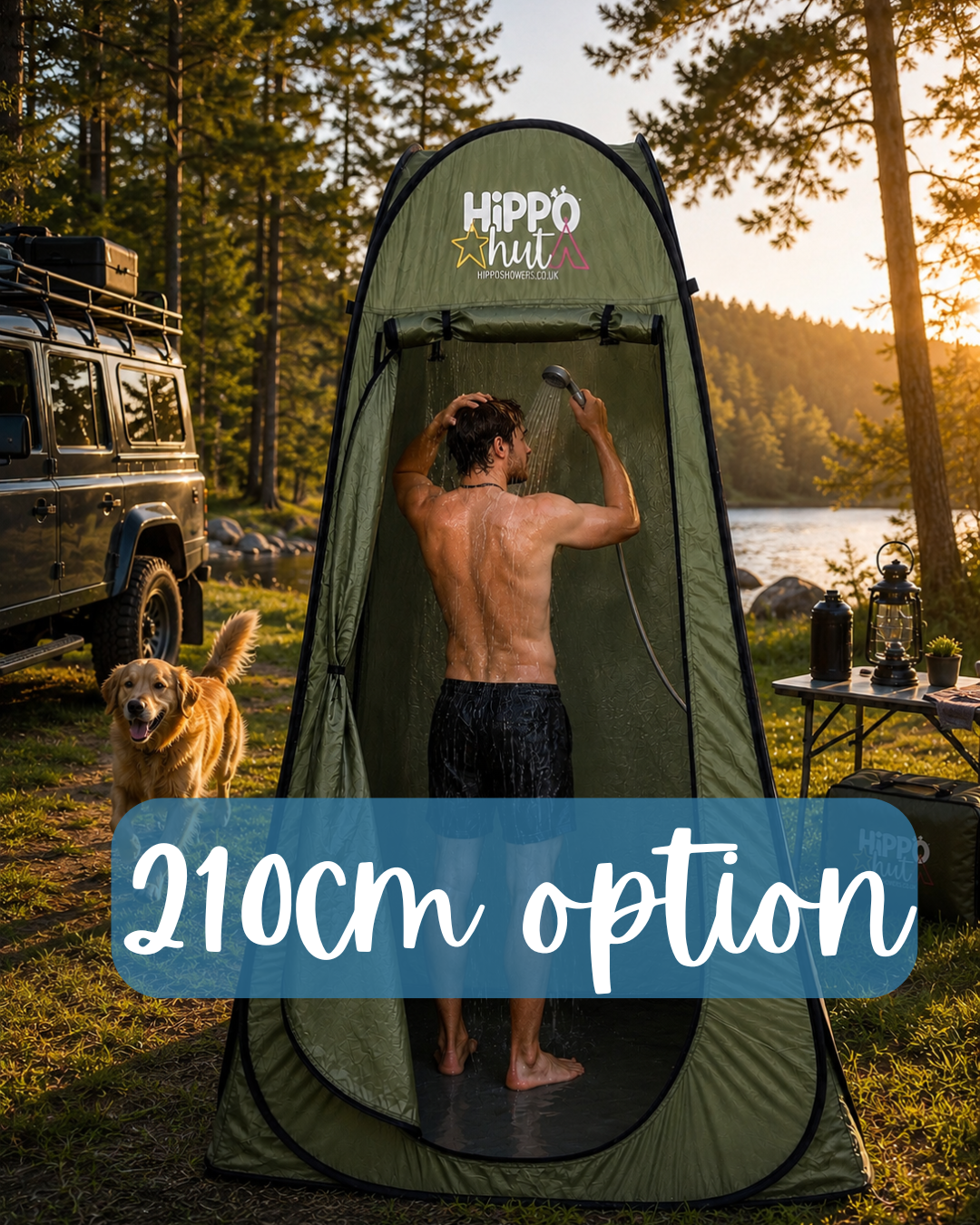 Person using a portable shower tent in a forest setting with a vehicle and dog nearby.