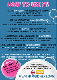 Instructions for using a shower head with text and graphics on a pink background